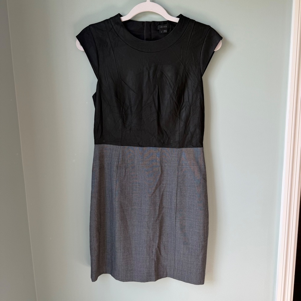 Theory Orinthia Leather Top Sheath Dress Gray Wool Colorblock Cap Sleeve Size 4